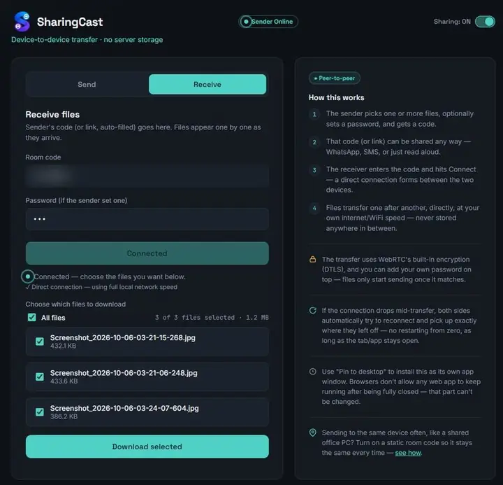 SharingCast Receive screen on a computer listing incoming files with checkboxes and a Download selected button