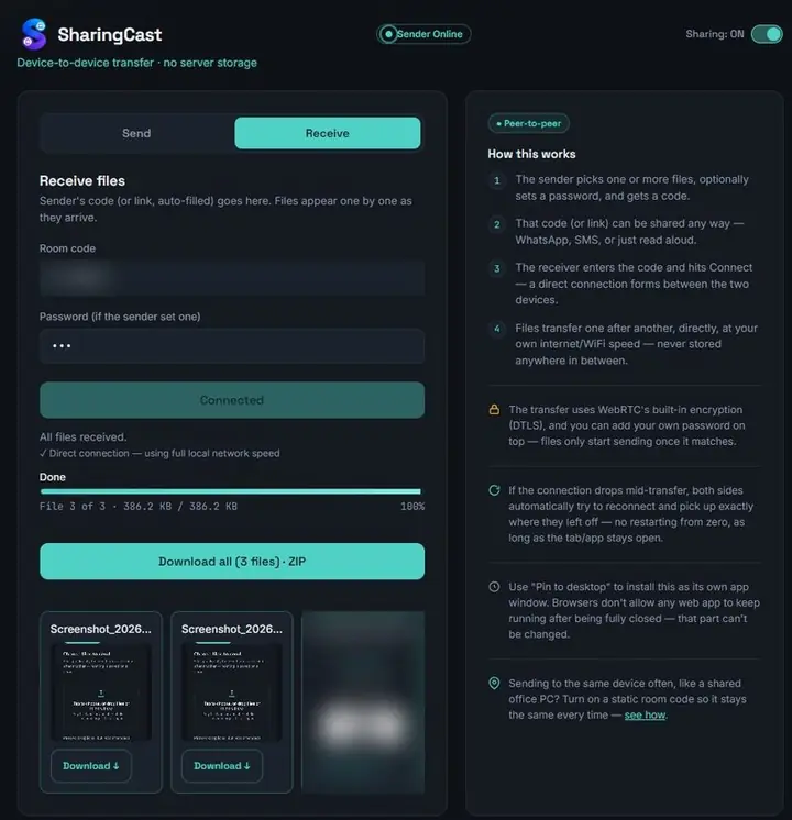 SharingCast Receive screen on a computer showing all files received over a direct connection with a Download all as ZIP button
