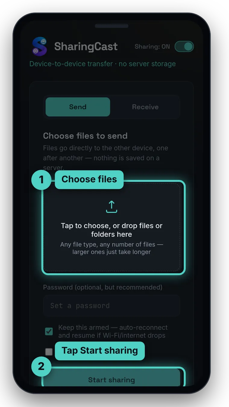 Phone showing the SharingCast Send screen with the file chooser and the Start sharing button highlighted