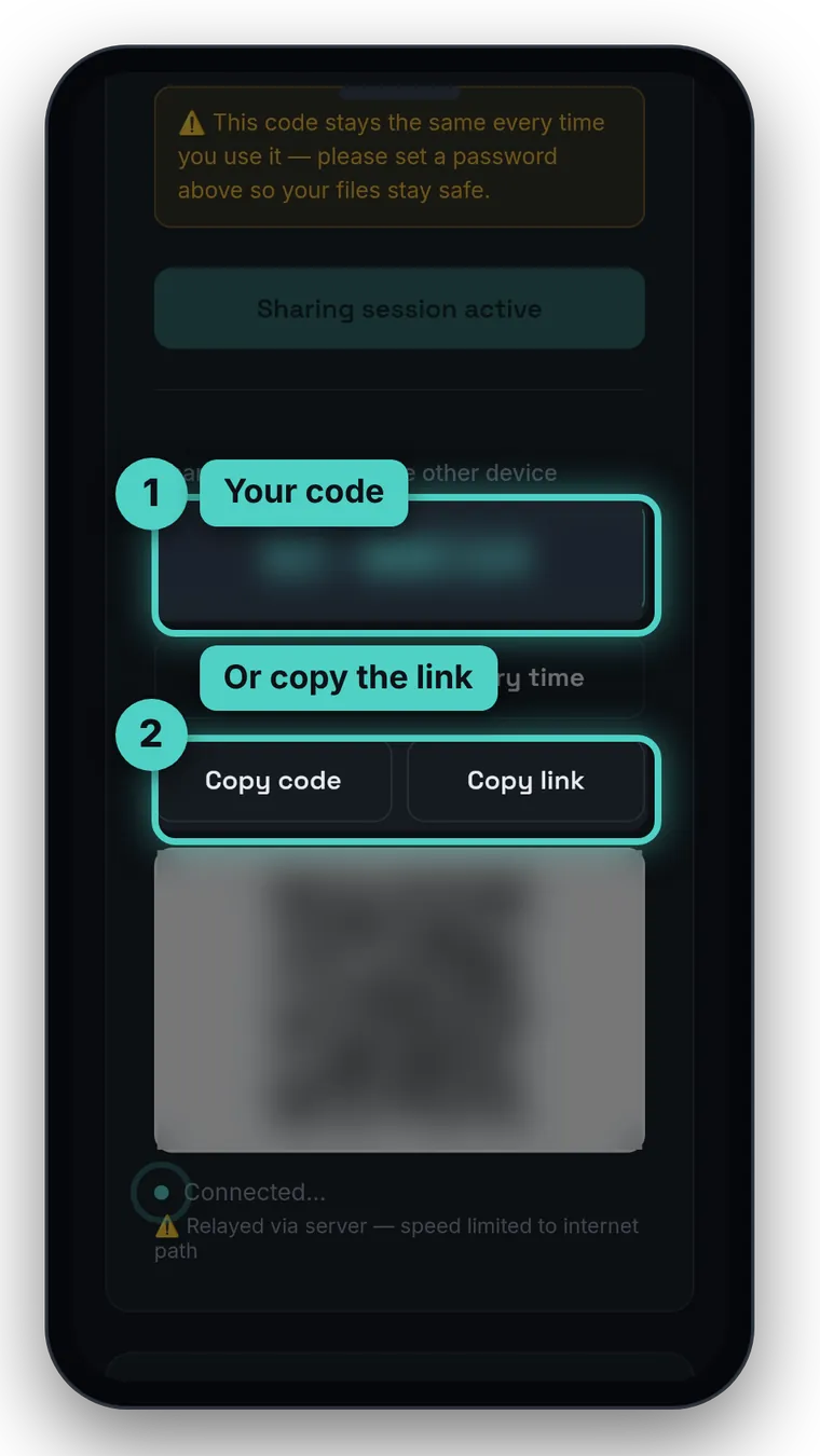 Phone showing an active SharingCast session with the code and the Copy code and Copy link buttons highlighted
