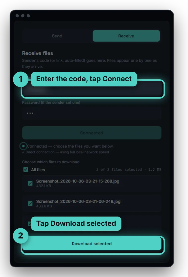 Computer showing the SharingCast Receive screen with the code field and the Download selected button highlighted