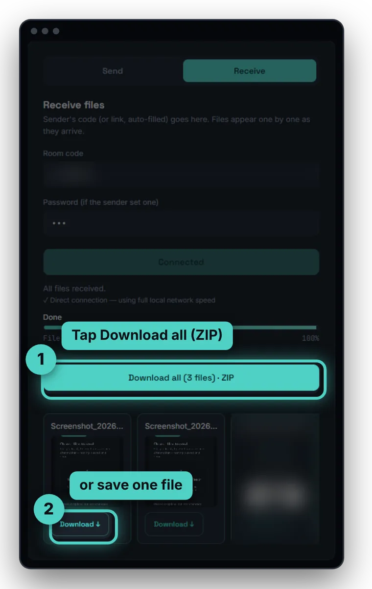 Computer showing the finished SharingCast transfer with the Download all ZIP button highlighted