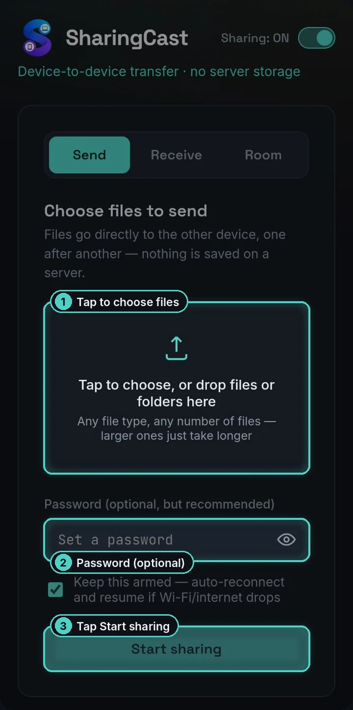 Phone showing the SharingCast Send tab with the file chooser, the optional password field and the Start sharing button highlighted