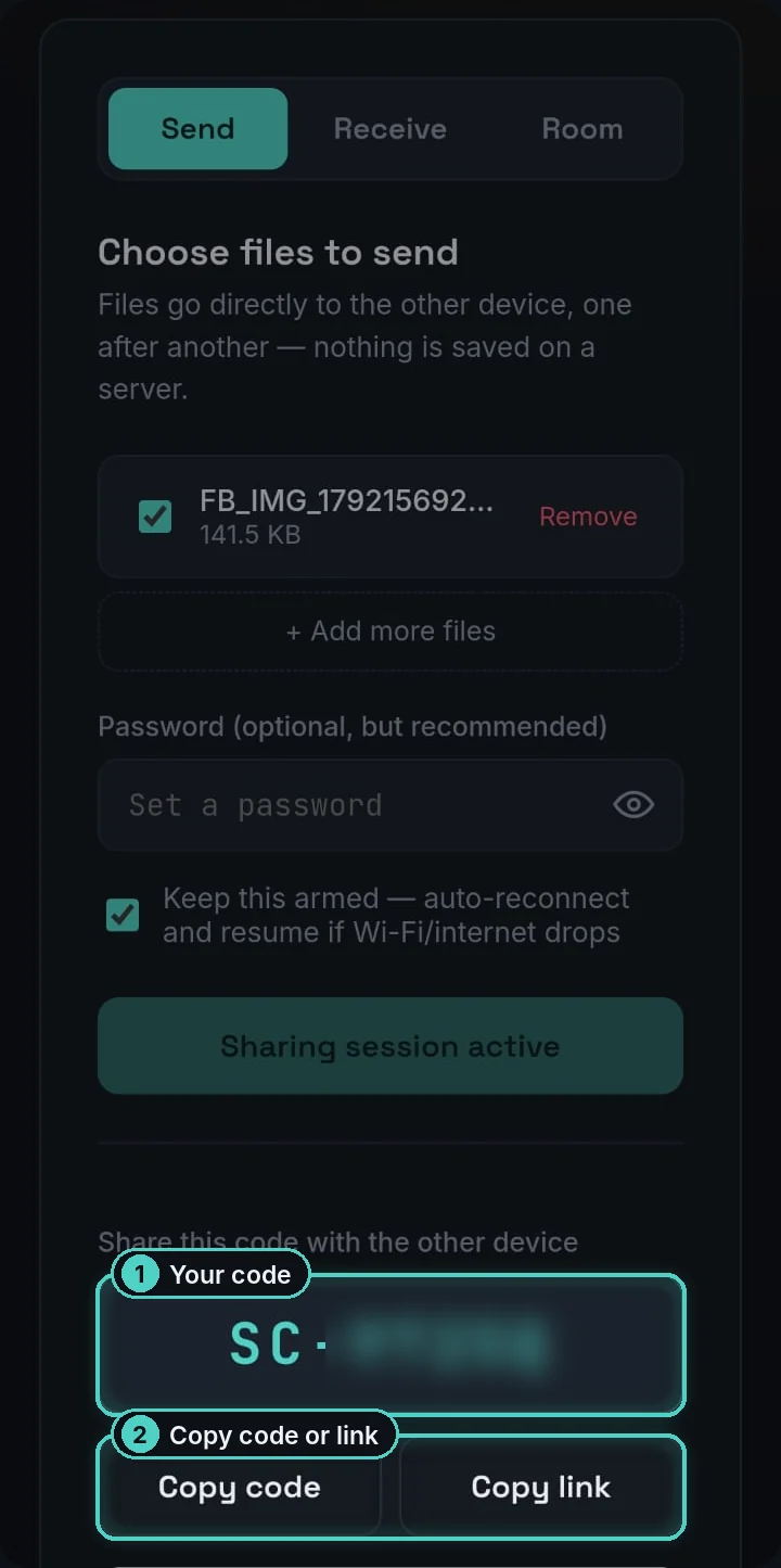 Phone showing an active SharingCast session with the room code and the Copy code and Copy link buttons highlighted
