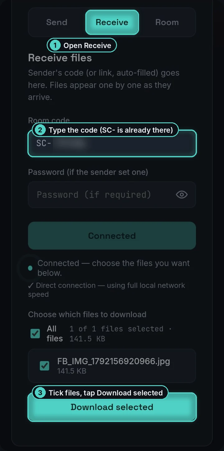 Phone showing the SharingCast Receive tab with the code field, which already starts with SC-, and the Download selected button highlighted