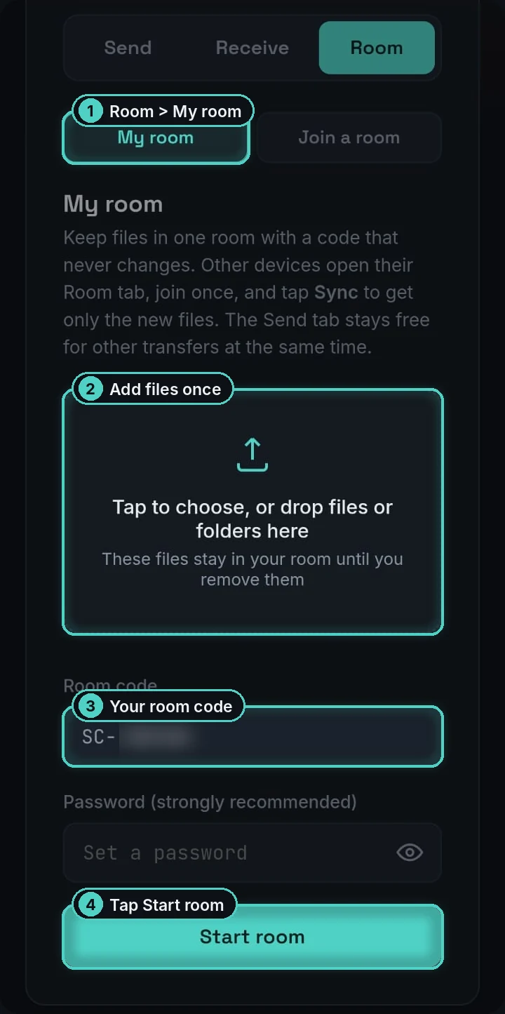 Phone showing the SharingCast Room tab with My room, the file box, the room code and the Start room button highlighted