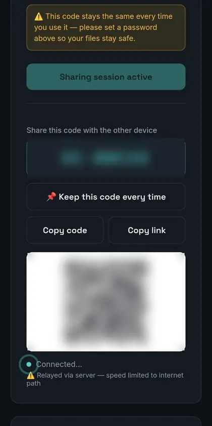 SharingCast sharing session on a phone showing the room code, Copy code and Copy link buttons and a QR code