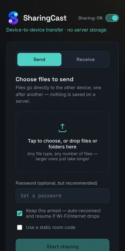SharingCast Send screen on an Android phone with file picker, password field and Start sharing button